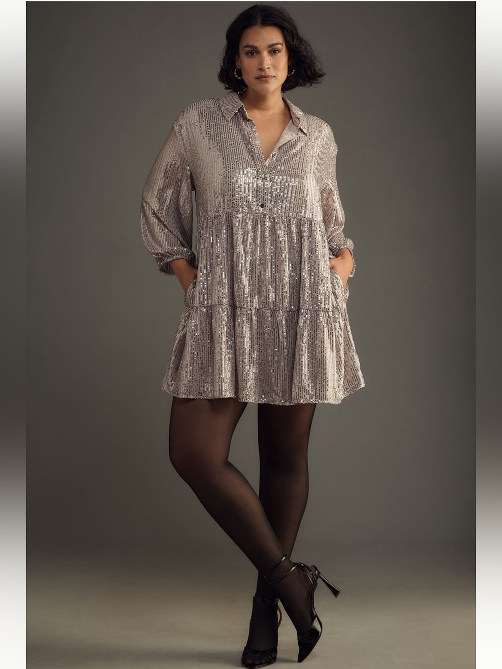 NWT Anthropologie Maeve Bettina Sequined Tiered Shirtdress in Silver XL